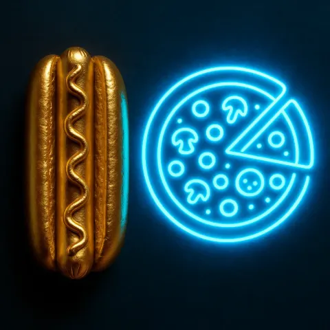 Hot Dog Made of Gold Alongside a Pizza