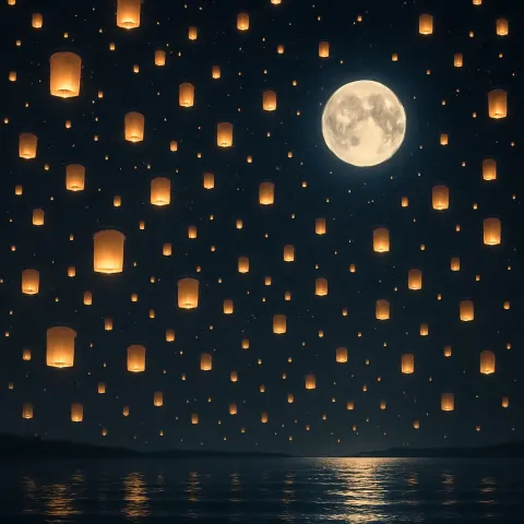 Countless Glowing Lanterns Float Upwards into a Dark Night Sky