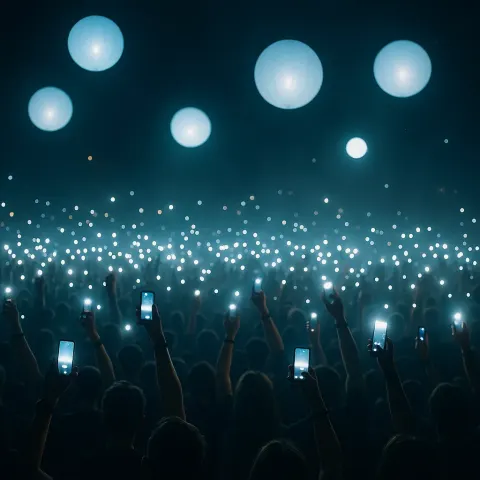 Crowd at a Nighttime Concert Holding Up Glowing Phones