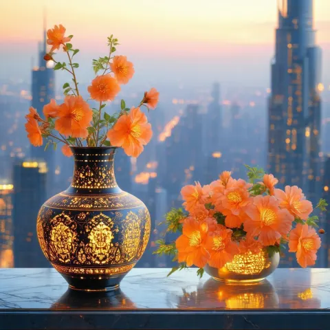 Neon Persian Vase Beside Orange Blooms