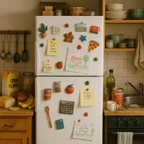 Cluttered Kitchen Scene Featuring a White Refrigerator Covered in Magnets