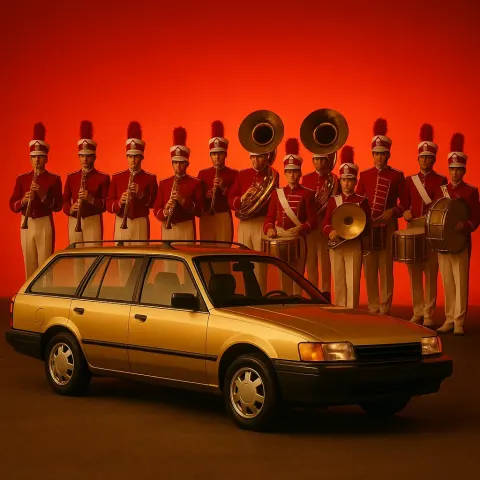 Gold Station Wagon Is Parked in Front of a Group