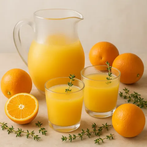 Frosted Glass Pitcher and Glasses Filled with Orange Juice