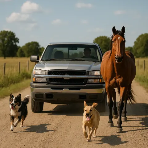 Pickup Truck with a Horse Positioned to its Right