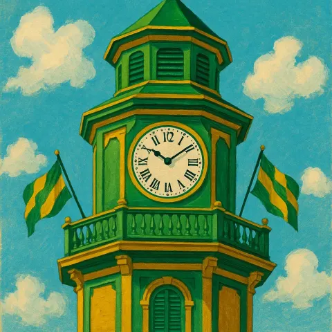 Colorful Green and Yellow Octagonal Clock Tower with a Balcony