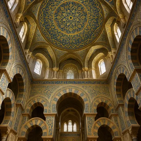Magnificent Interior View of an Intricate Islamic-style Dome and Ornate
