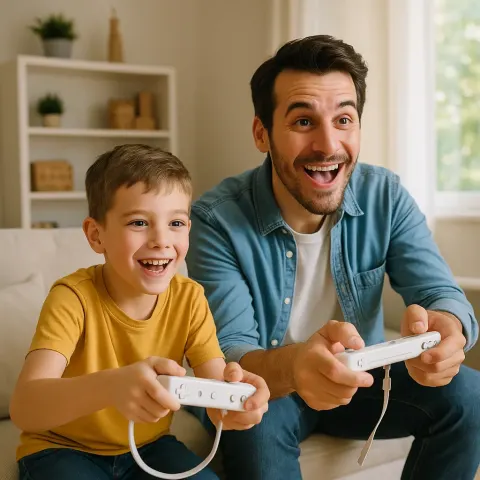 Son and His Father Are Having Fun Playing a Video