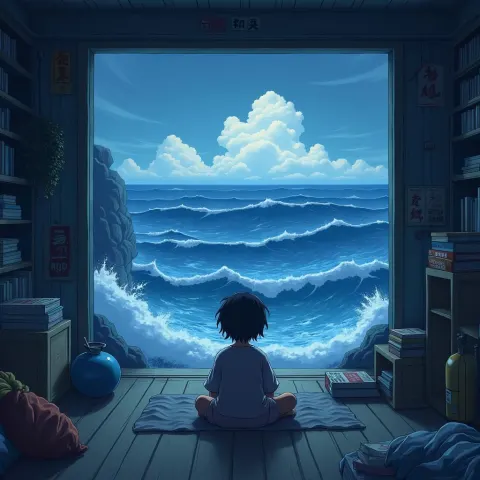 Anime Figure Gazing From Stormy Seascape Room