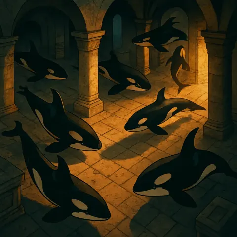 Diverse Stylized Killer Whales Navigate a Forgotten Subterranean Crypt