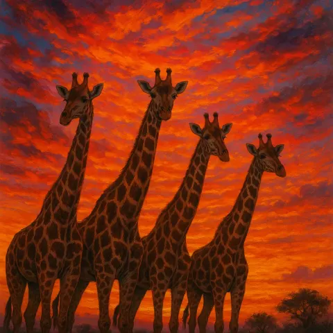 Four Giraffes Standing Beneath a Colorful and Vivid Sunset
