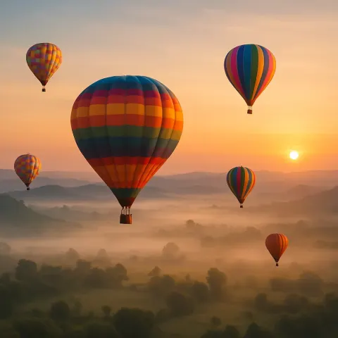 Several Colorful Hot Air Balloons Drift Serenely over a Misty
