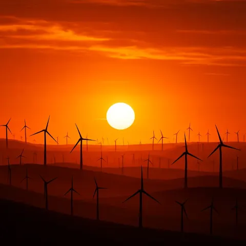 Myriad Distant Wind Turbines Stand Silhouetted Against a Fiery