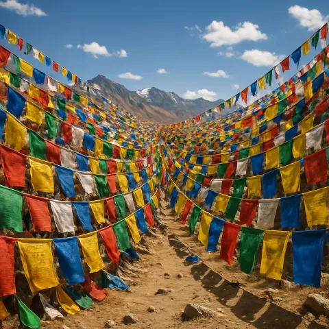Hundreds of Brightly Colored Prayer Flags Flutter in Unison