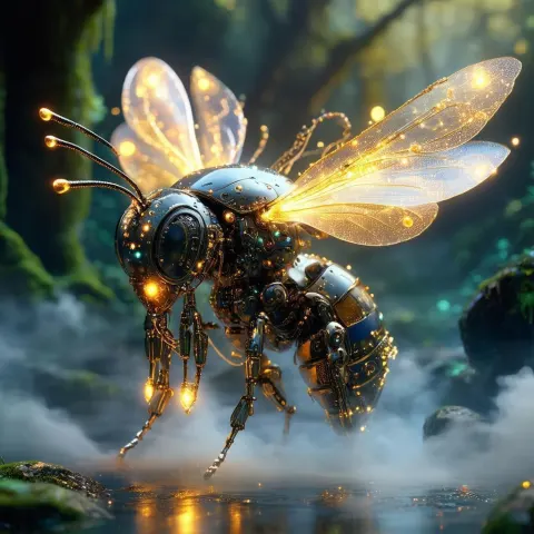 Magical Robot Hornet Wreathed in Enchanted Mist
