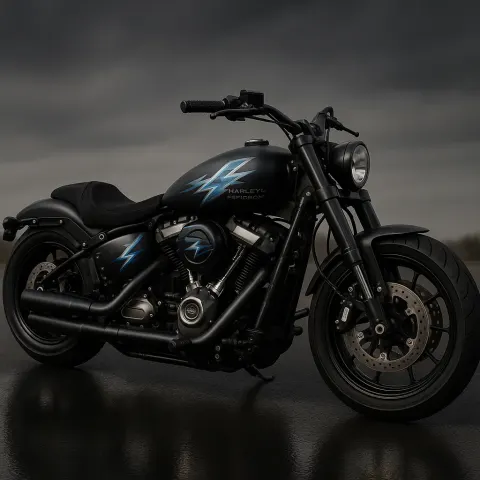 Matte Black Harley-Davidson Motorcycle Stands on a Polished Asphalt Surface