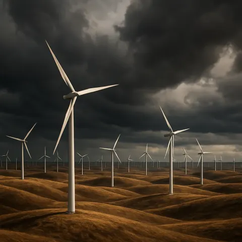 Sprawling Field of Countless Wind Turbines Spins Slowly