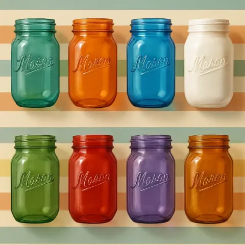 Collection of Colored Glass Mason Jars in Various Translucent