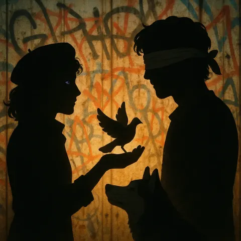Violet-eyed Revolutionary Offers a Symbolic Object to a Blindfolded Artist