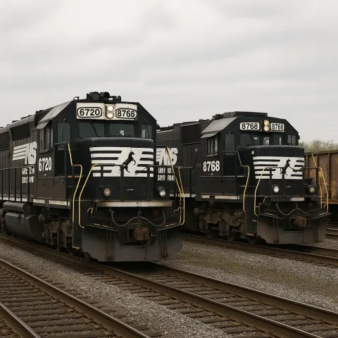 Two Black Norfolk Southern Locomotives Parked on Railway Tracks