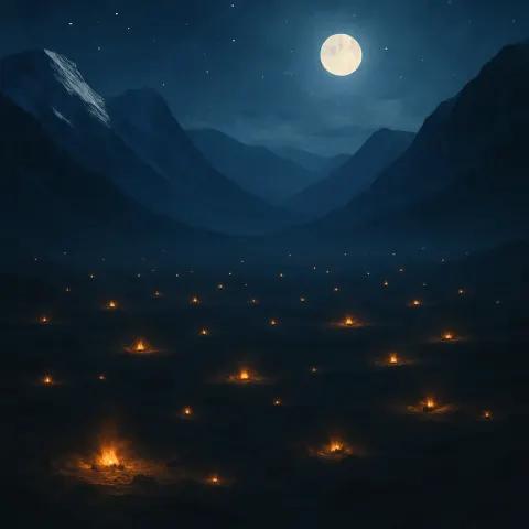 Many Distant Campfires Flicker Like Scattered Stars Across a Vast