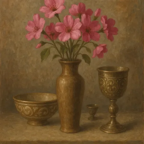 Still Life Featuring Pink Flowers in a Tall Vase