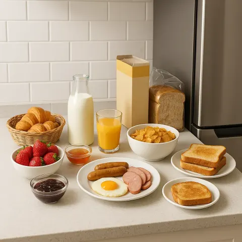 Kitchen Counter Arranged with an Assortment of Breakfast Foods