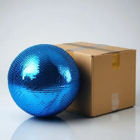 Pixelated Blue Sphere Beside Cardboard Box