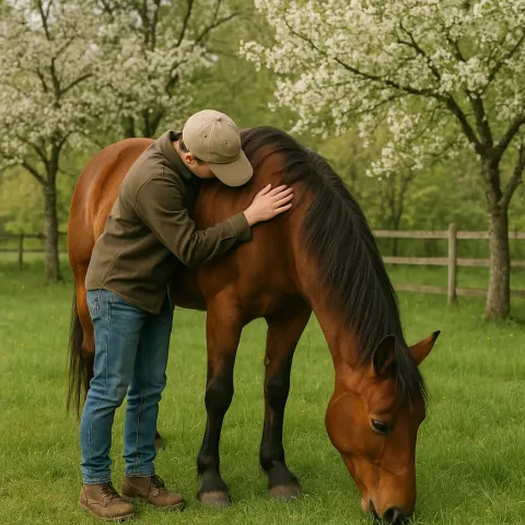 Person Embraces a Brown Horse Grazing in a Grassy Field