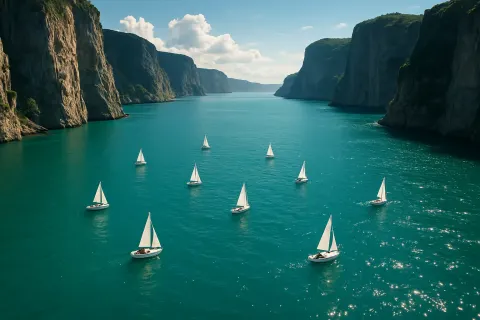 Scattered Handful of Tiny Sailboats Glides Across an Immense