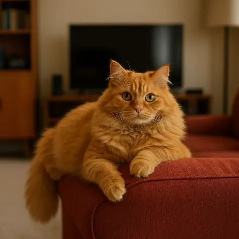 Fluffy Orange Cat Lounges on a Red Armrest