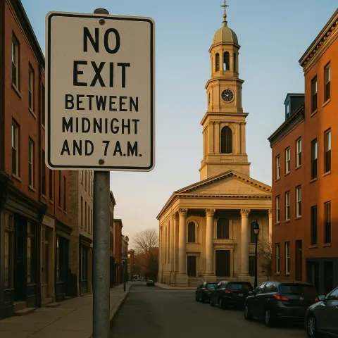 Street Scene Featuring a "No Exit Between Midnight