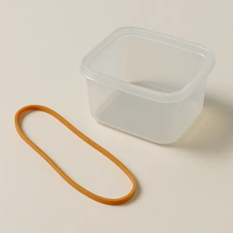 Translucent Plastic Container Positioned Next to a Rubber Band