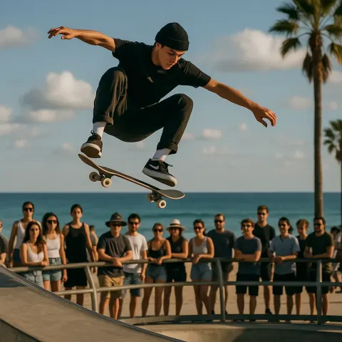 Skateboarder Performing a Mid-air Trick Above a Skate Park Ramp