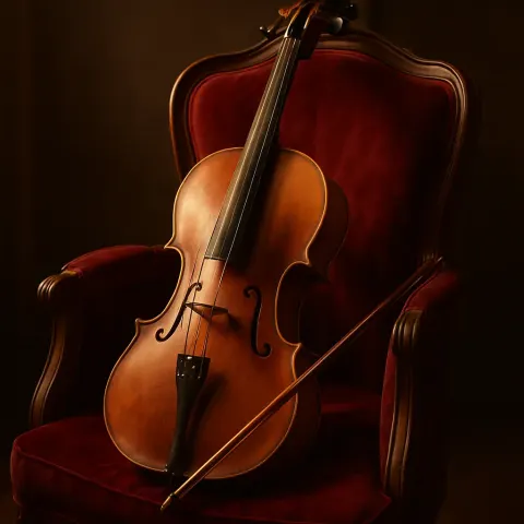 Refined Wooden Cello Placed on a Plush Crimson Velvet Chair