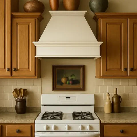 Kitchen Stove with a White Range Hood