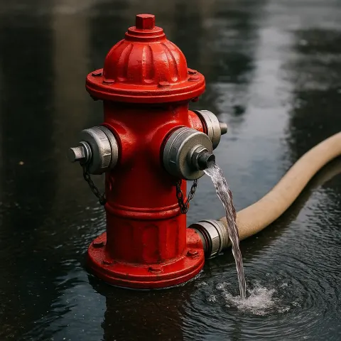 Red Fire Hydrant with Connected Hose Leaking Water