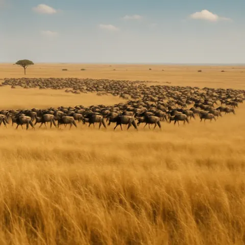 Large Herd of Distant Wildebeest Migrates Across a Vast