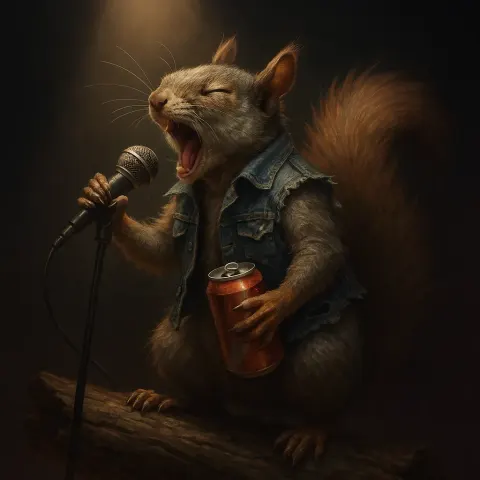 Rowdy Squirrel Wearing a Torn Denim Vest Is Perched
