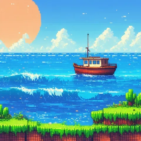 Retro Pixel Boat on Digital Waves