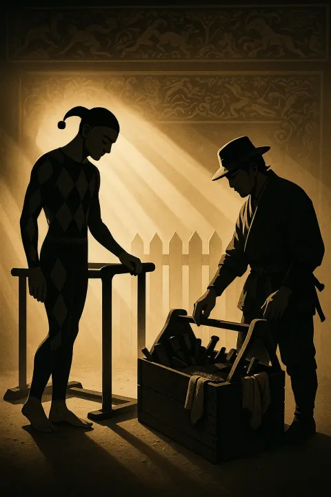 Barefoot Jester with Closely Cropped Hair Stands Pensively Beside Sleek