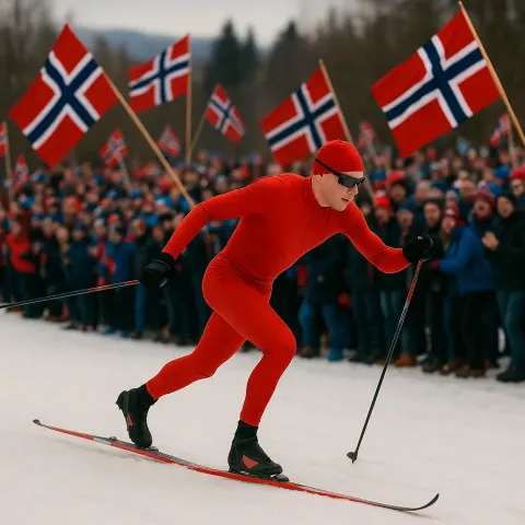 Cross-country Skier in Red Attire Competes in an Event
