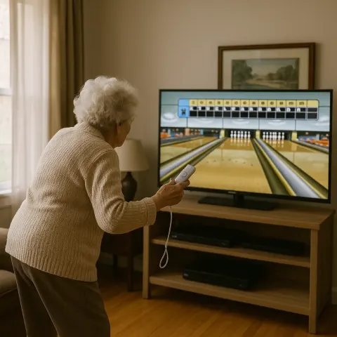 Elderly Woman Is Playing Wii Bowling in a Living Room