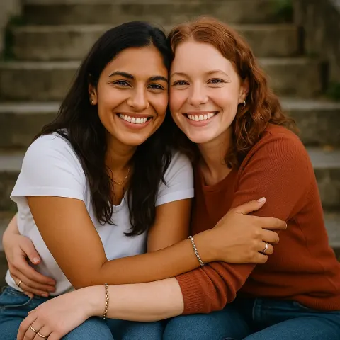 Two Women Sitting Outdoors on Stone Steps