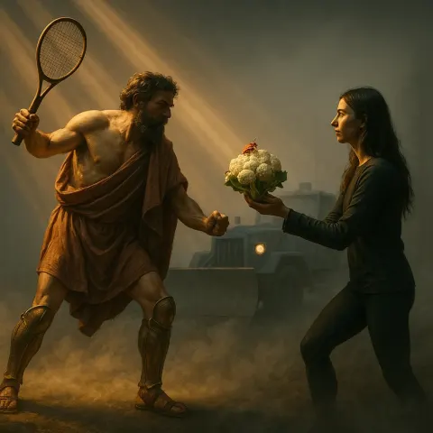 Goateed Philosopher in Greaves Brandishes a Racket at a Calm