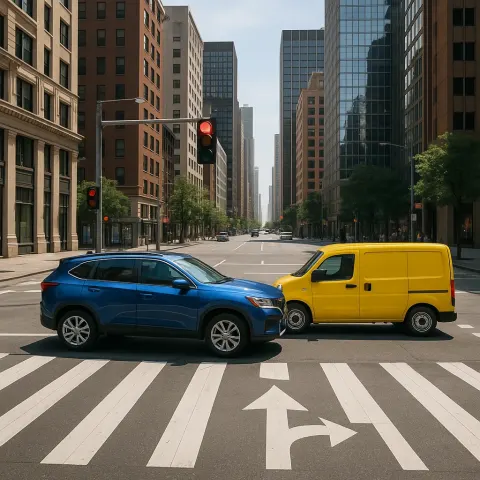 Yellow Delivery Van and a Blue SUV Are Positioned Next