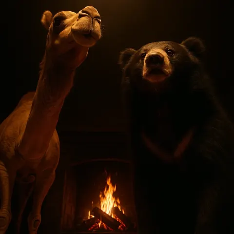 Arabian Camel and Sloth Bear Loom Beside a Crackling Fireplace