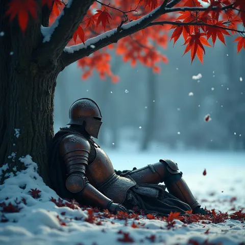 Rusted Knight Resting Under Crimson Leaves