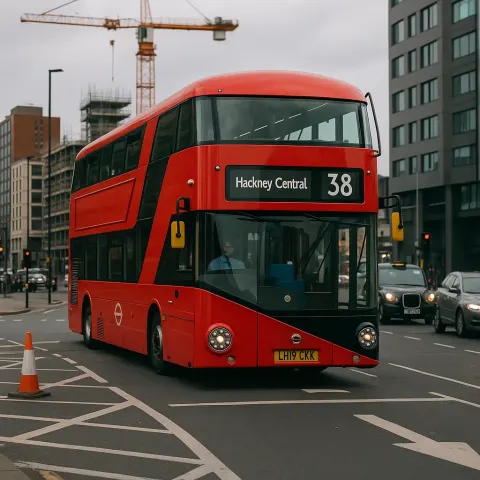 Modern Red Double-decker Bus Labeled "Hackney Central 38"