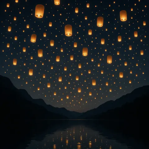 Countless Glowing Lanterns Drift Skyward Above a Tranquil Lake