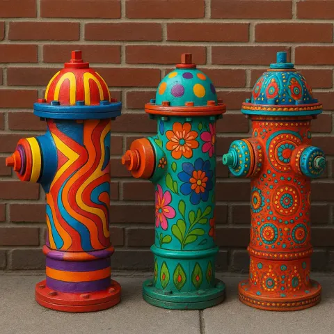 Group of Fire Hydrants Adorned with Distinctive Designs and Bold